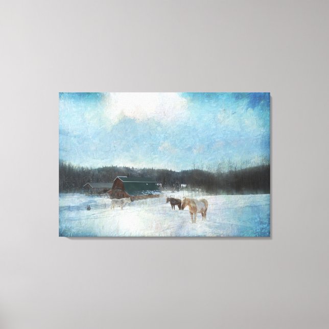 Toile Ranch à cheval, granges et peinture à la neige (Recto)
