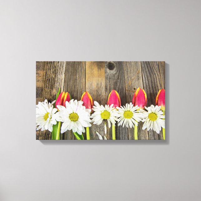 Toile rangée de tulipes et marguerites sur bois (Recto)