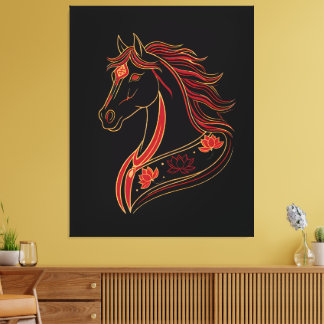 Toile Red & Gold Horse with Lotus, Spiritual Symbolic