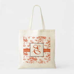 Toile Red Roses Monogram Bridesmaid Tote Bag