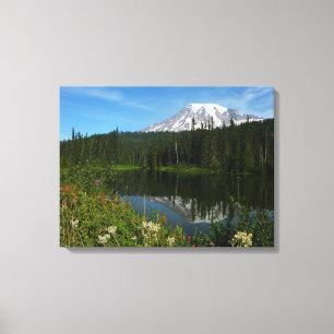 Toile Reflet du lac du mont Rainier avec des fleurs sauv