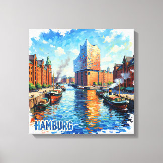 Toile Reflets de lumière dans le port de Hambourg sur to