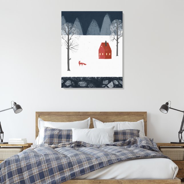 Toile Renard rouge dans la neige près Maison rouge dans  (Insitu(Chambre))