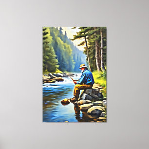Toile *~* River Man Fishing Stream Nature AP49