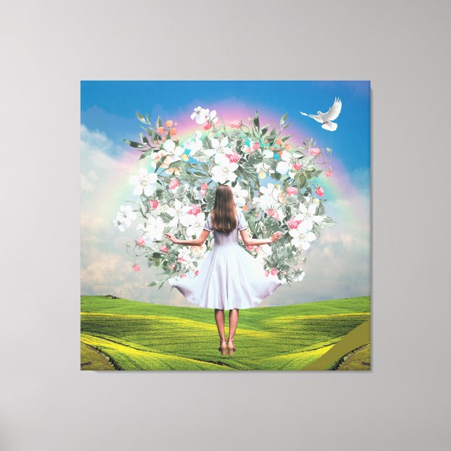 Toile Robe blanche Bouquet Girl Ciel arc-en-ciel Collage (Recto)