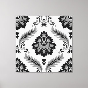 Toile Rococo Damask Grand Motif Gris Noir Blanc