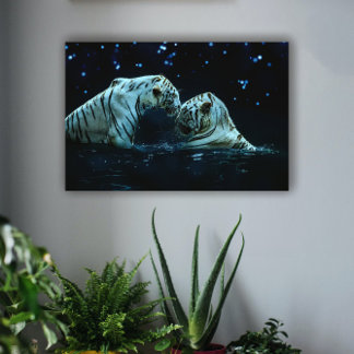 Toile Romantique Couple de Tigre Blanc sous la nuit étoi