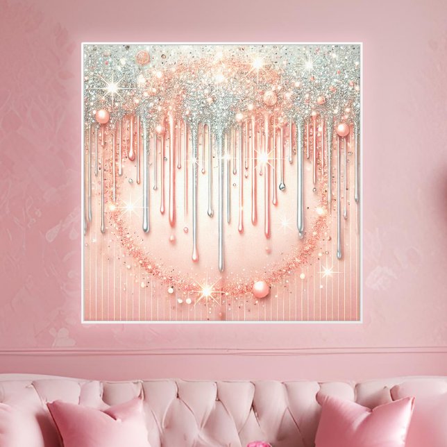 Toile Rose Poudré Élégant et Dégoulinade de Paillettes A (A chic glam accent featuring blush tones and silver glitter for stylish interior decor.)