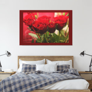 Toile Rose Rouge avec Feuilles sur Fond Rouge Foncé Prem