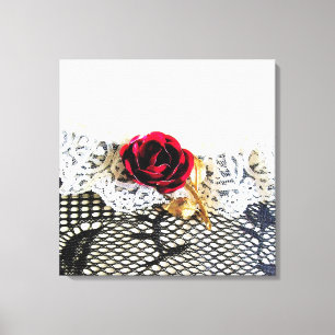Toile Rose rouge romantique et dentelle blanche