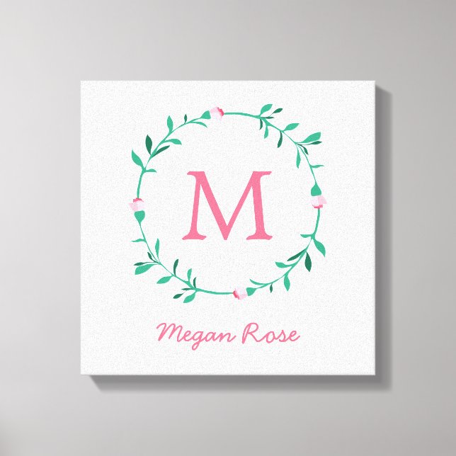 Toile Rosebud Wreath rose et vert Nom Nursery Art (Recto)