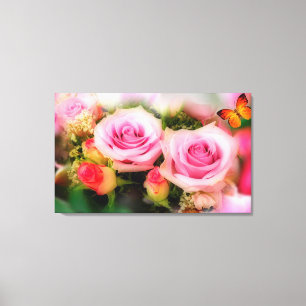 Toile Roses roses et papillon roses