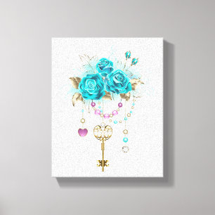 Toile Roses turquoise avec touches