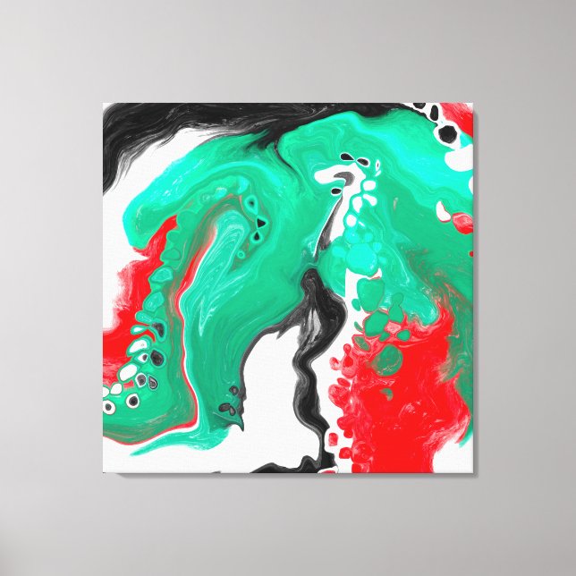 Toile Rouge, vert, noir et Marbre blanc Fluid Art (Recto)