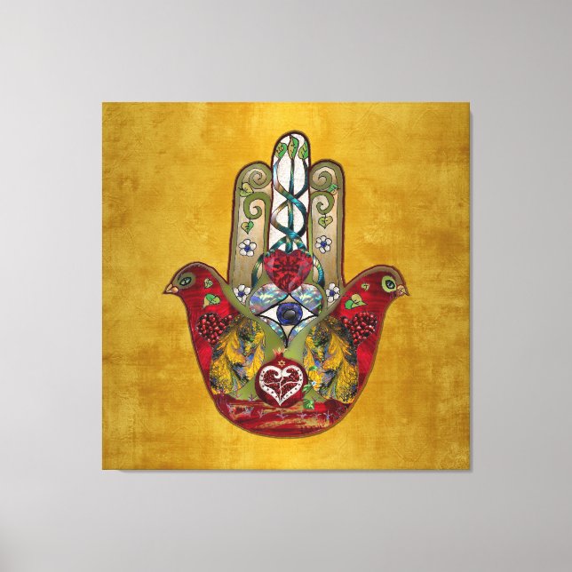 Toile Ruby Pomegranate Heart Red Bird Hamsa (Recto)