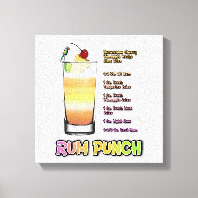 Toile RUM PUNCH Cocktail Recette Art 12"'12" (Recto)