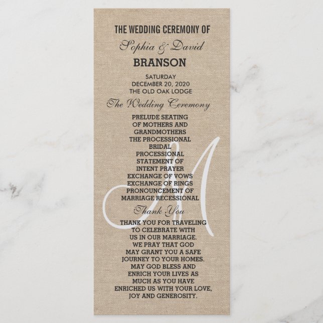 Toile Rustique Mariage Monogra Programme Personnal (Devant)