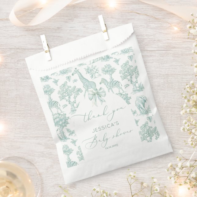 Toile Safari green bow Baby shower Thank you Favour Bag (Clipped)