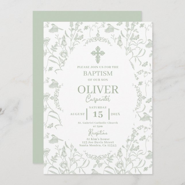 Toile Sage Baptism Invitation (Front/Back)