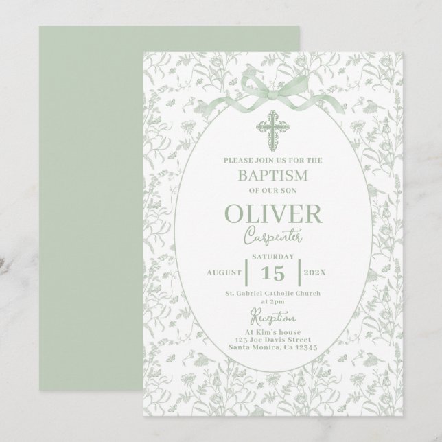 Toile Sage Green Baptism Invitation (Front/Back)