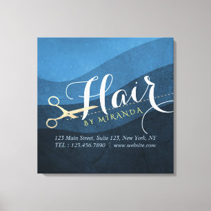 Toile Salon des cheveux Coiffeuse Ciseaux bleu et or mod