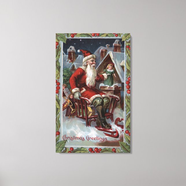 Toile Salutation de Noël Père Noël sur Sleigh (Recto)