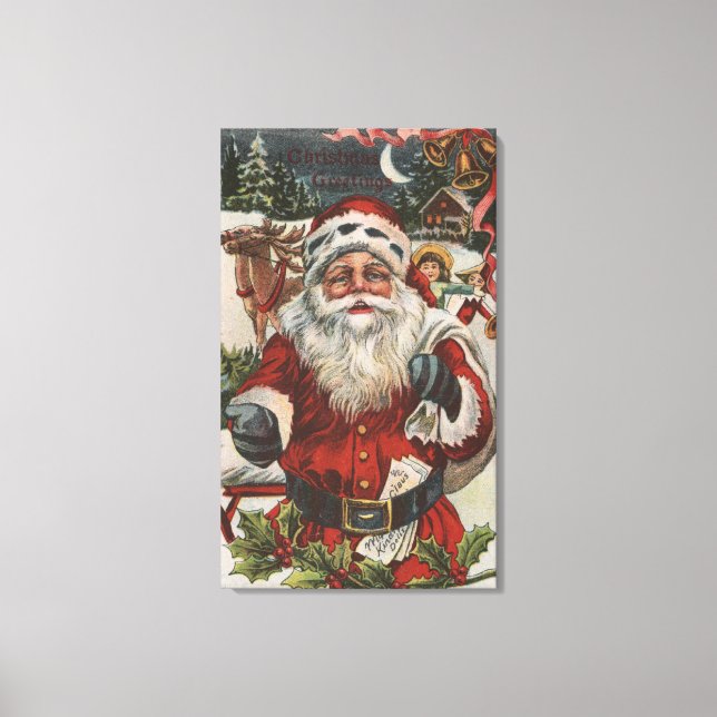 Toile Salutation de NoëlPère Noël avec Cerfs et Enfants (Recto)