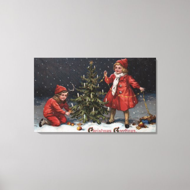 Toile Salutations de NoëlEnfants Décorer un arbre (Recto)