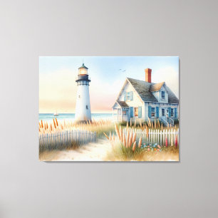 Toile Scène aquarelle d'un phare et d'un cottage au bord