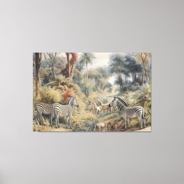 Toile Scène botanique de zèbres et lions dans une oasis (Recto)