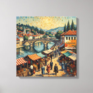 Toile Scène de la Bazar au bord de la rivière de Sarajev