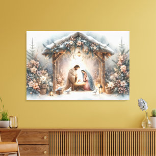 Toile Scène de la Nativité rustique avec fleurs d'hiver