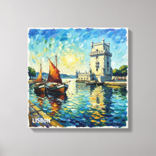 Toile Scène de la Tour de Belem de Lisbonne dorée sur to