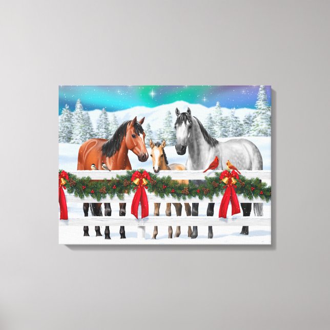 Toile Scène de Noël Baie Buckskin Dapple Chevaux gris (Recto)