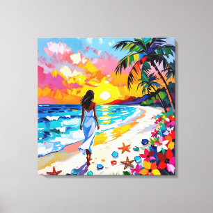 Toile Scène de plage abstraite au coucher du soleil vibr