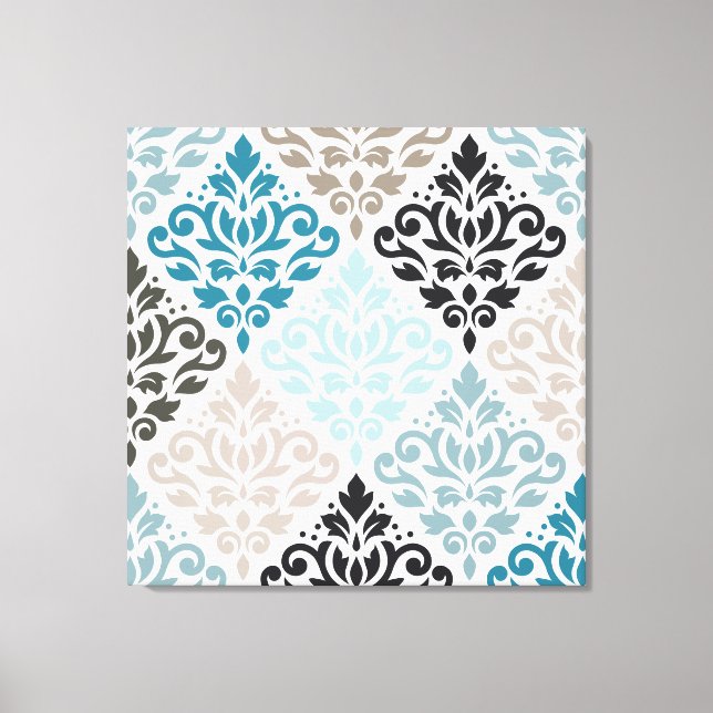 Toile Scroll Damask Big Motif Teals Browns White (Recto)