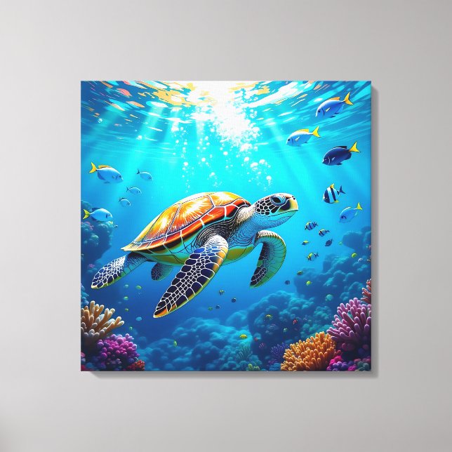 Toile Sea Turtle Vibrant Colorful Underwater Scene (Recto)
