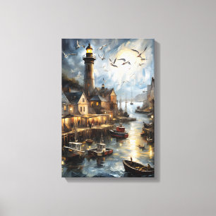 Toile Serene Coastal Village à Dusk Nautical Harbour Art