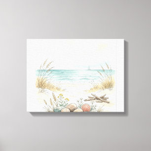 Toile Sérénité estivale côtière – Coquillages dessinés à