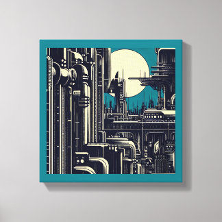 Toile SF Ville Futuriste Gravure sur Bois 2