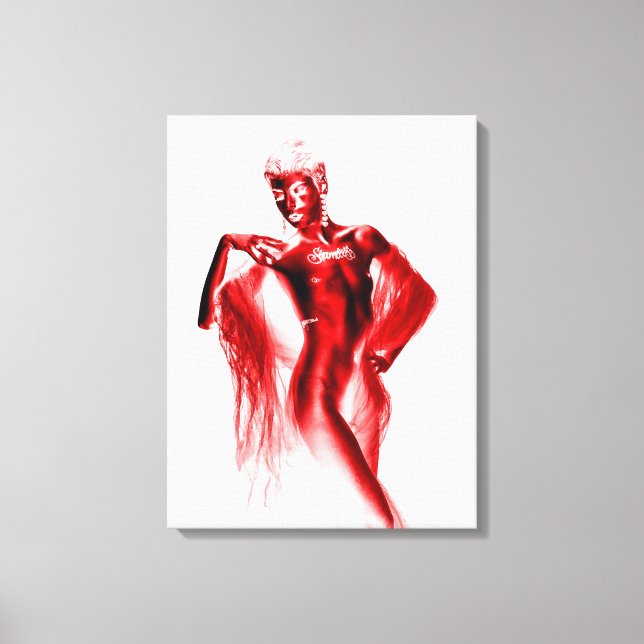 Toile Shameless model posing with red veil and body pain (Recto)