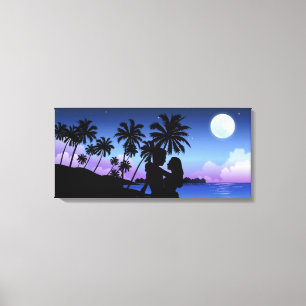 Toile Silhouette d'un couple embrassant sur la plage