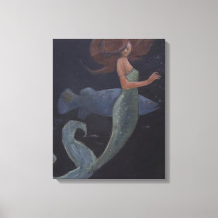 Toile Sirène et poisson bleu
