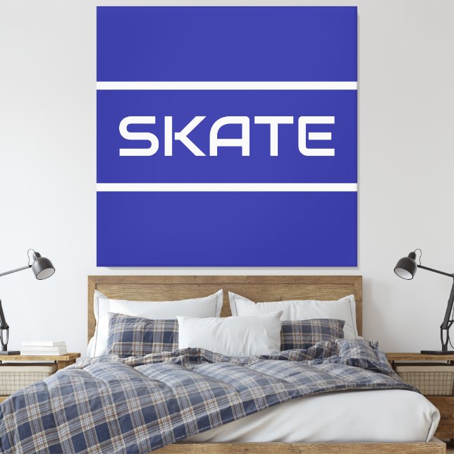 Toile SKATE Sporty White Text Stripes On Bold Deep Blue (Insitu(Chambre))