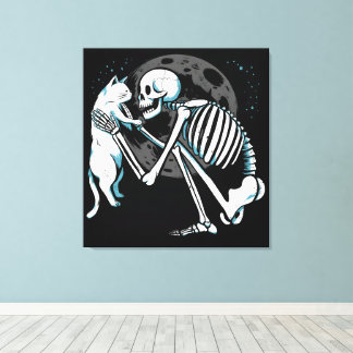 Toile Skeleton Cat Friend Moon Night Art