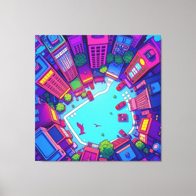 Toile Skyview City - Neon Pop Art Paysage urbain (Recto)