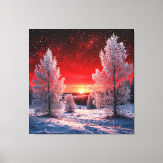 Toile Snowy Winter Forest Under Red Sunset