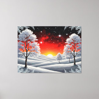 Toile Snowy Winter Forest Under Red Sunset