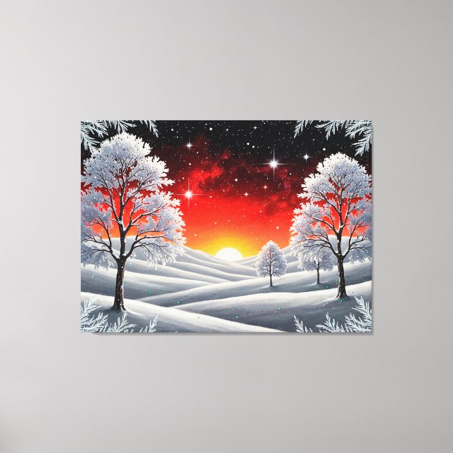 Toile Snowy Winter Forest Under Red Sunset (Recto)