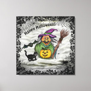 Toile Sorcière, Chat, Chauve-souris et Citrouille, Bonne